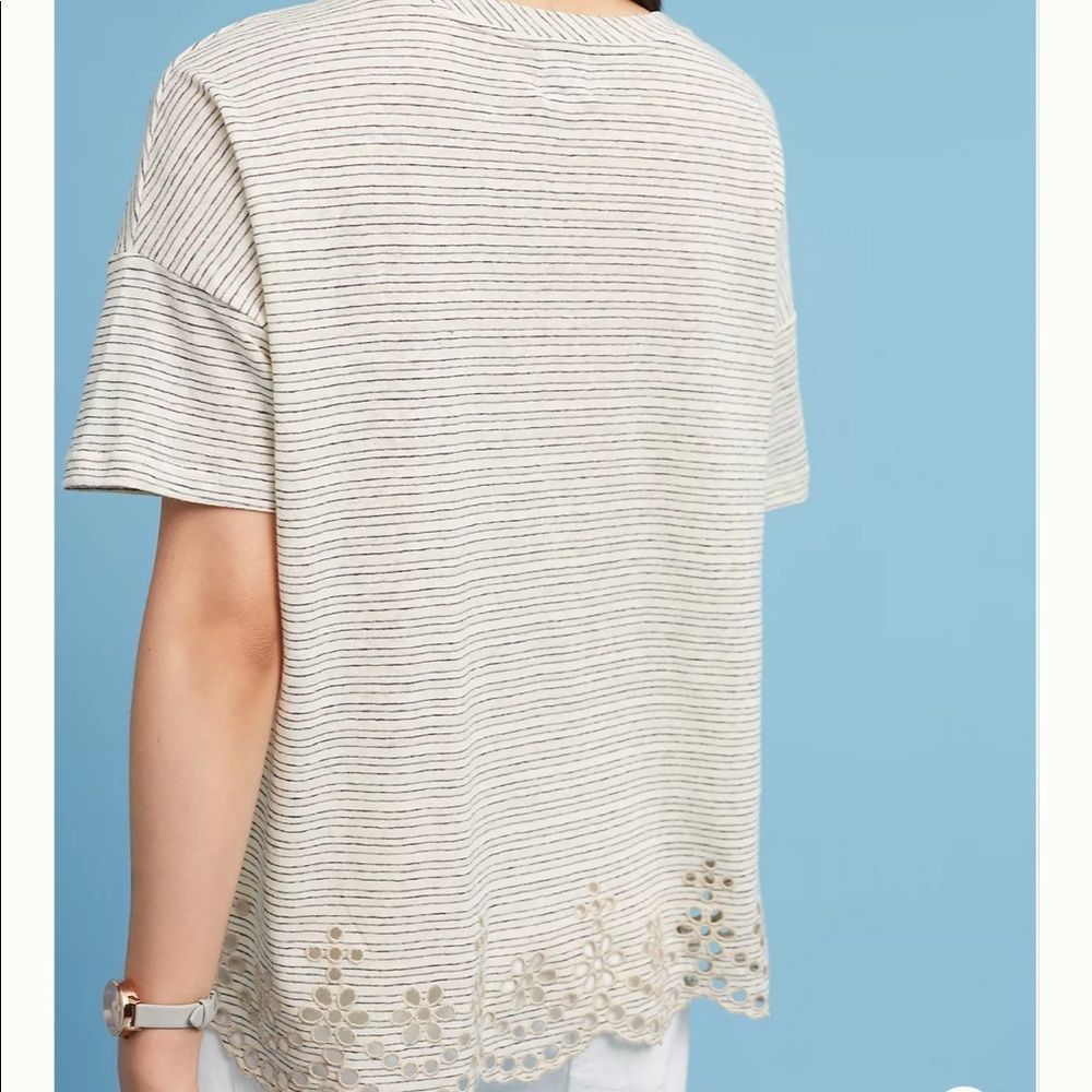 Anthro Postage Eyelet Trimmed Hem Striped Short Sleeve Casual Tee Top - Picture 4 of 8